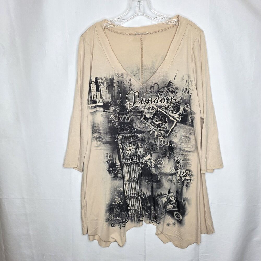 Lavish Plus Sz 2X Pullover Knit Tunic Blouse Top Sheer 3/4 Sleeve London Graphic